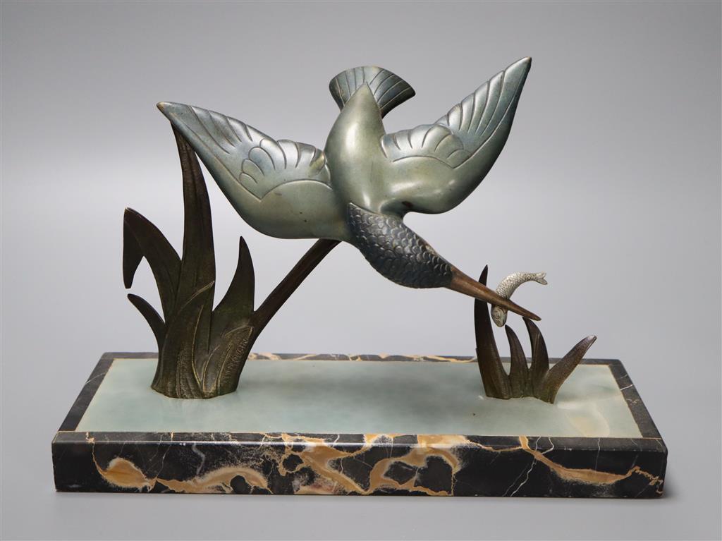 Limousin. An Art Deco bronze kingfisher, on marble plinth, width 30cm